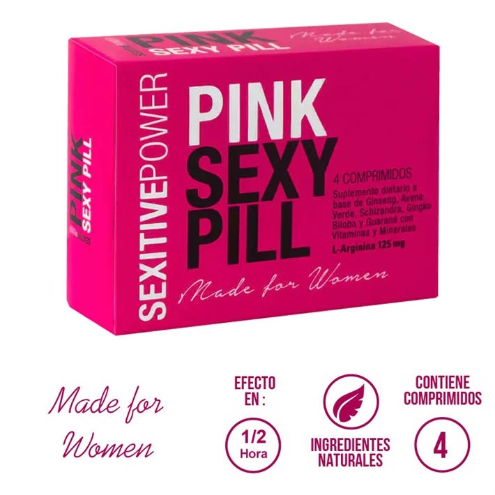 Sexi Pill Femenino, suplemento vigorizante con L-Arginina, Ginseng y Schizandra, aumenta la libido y el placer en mujeres. 100% natural, actúa en 30 minutos. 4 comprimidos.