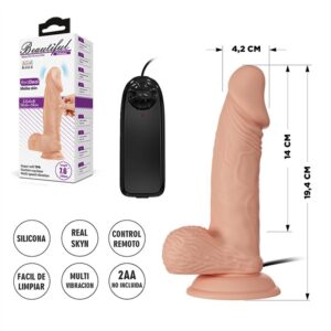 Dildo de 19,4 cm (14 cm insertables) con sopapa, silicona real skin y control remoto para multivibraciones. 4,2 cm de ancho, ideal para placer intenso.
