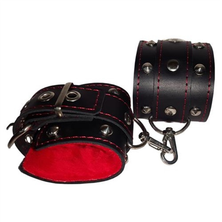 Esposas Cuero Negro Peluche Rojo