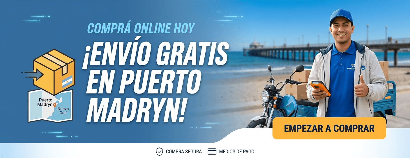 Banner promocional con texto '¡ENVÍO GRATIS EN PUERTO MADRYN!' y 'COMPRÁ ONLINE HOY'. Incluye ilustración de un mapa de Puerto Madryn y un repartidor sonriente con su vehículo de entrega y cajas.